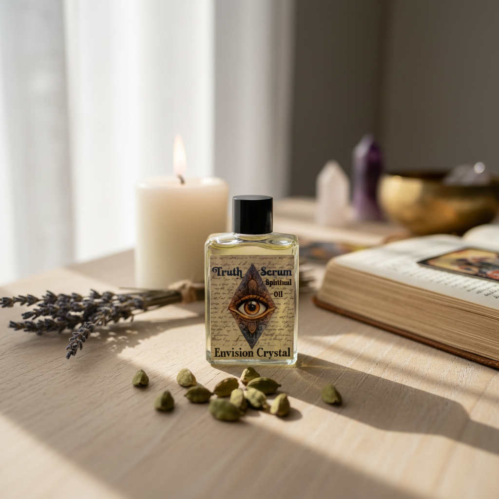 A vibrant lifestyle setup featuring the 'Truth Serum 4 dram' placed on a natural wooden table in a softly lit, airy room decorated with elegant mystical and spiritual elements. The camera angle is a slight overhead close-up, shot with a 50mm lens to captur