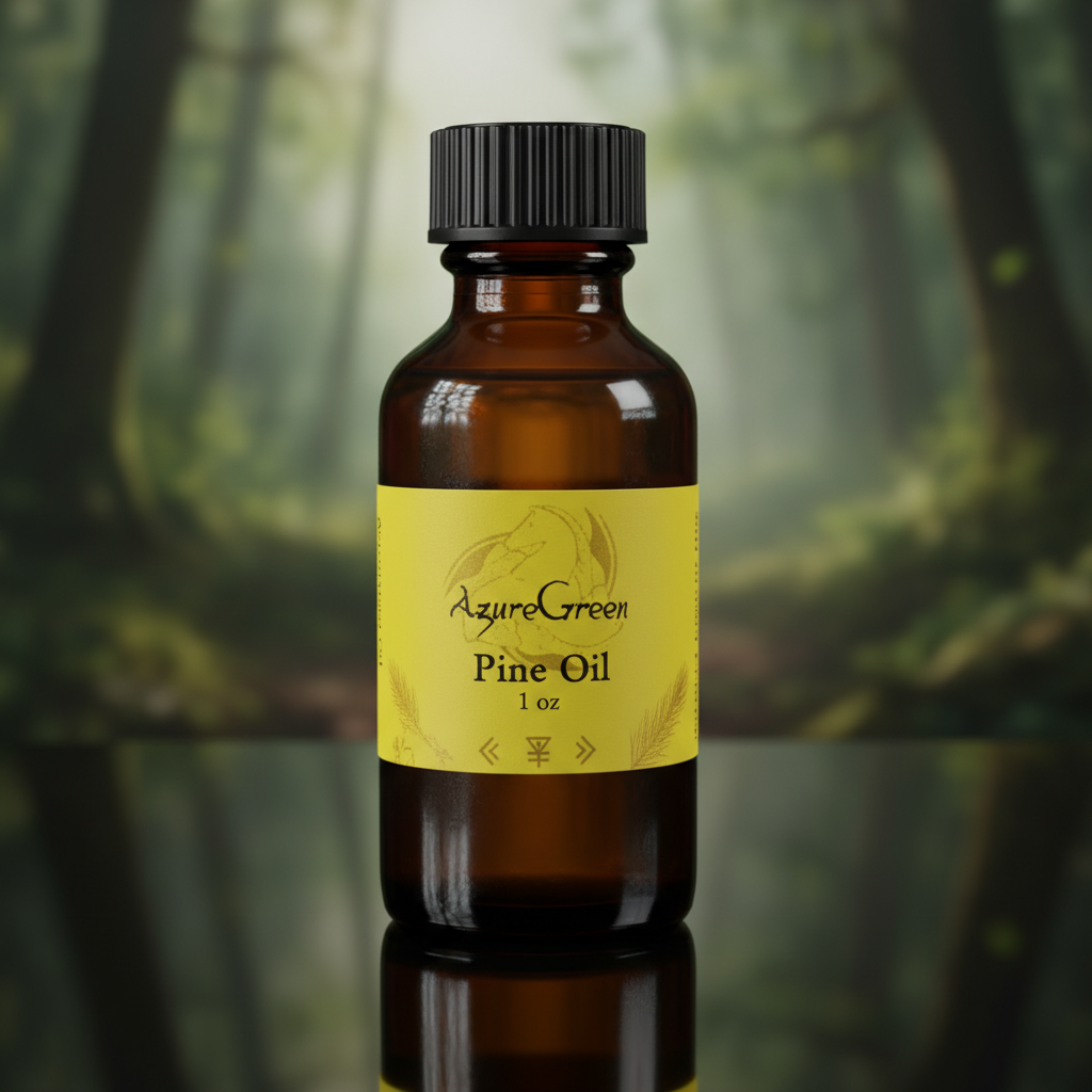 A highly detailed studio shot of a 1 oz bottle of Yellow Label Pine Oil from AzureGreen, captured from a slightly elevated front angle, with a focus on the sleek, amber glass container that exudes a mysterious and empowering aura. The setting features soft