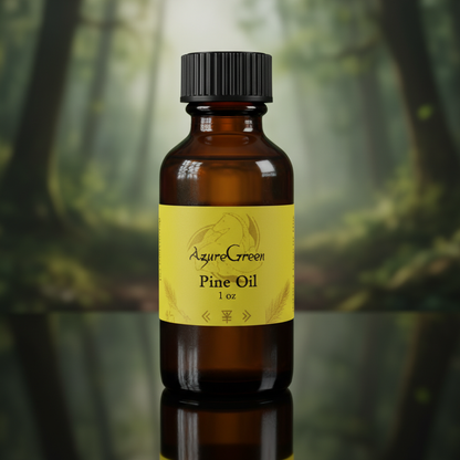 A highly detailed studio shot of a 1 oz bottle of Yellow Label Pine Oil from AzureGreen, captured from a slightly elevated front angle, with a focus on the sleek, amber glass container that exudes a mysterious and empowering aura. The setting features soft