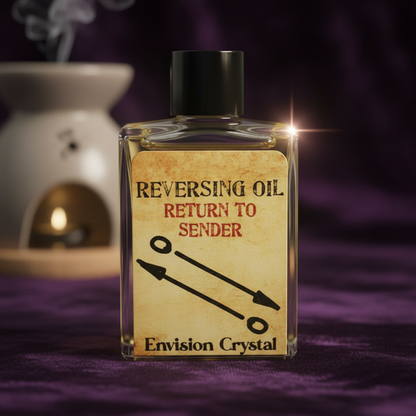Capture a close-up of the 'Reversing 4 dram' spiritual oil bottle set against a sophisticated dark velvet backdrop, illuminated with softbox studio lighting to emphasize the rich textures of the hand-crafted, hand-poured glass bottle and the intricate labe