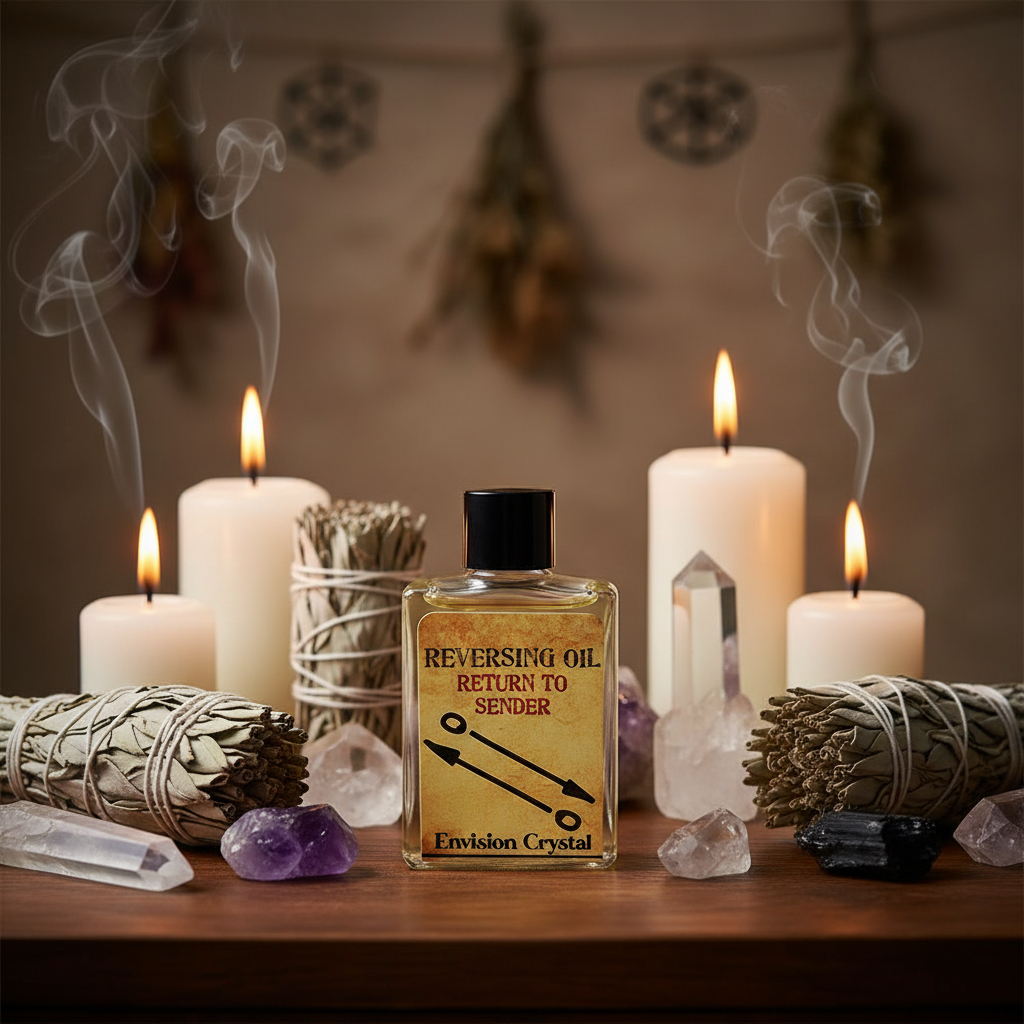 Create an atmospheric and mystical scene featuring the 'Reversing 4 dram' spiritual oil placed on a polished wooden altar, surrounded by ritual candles, sage bundles, and crystals. Employ HDR studio lighting with diffused daylight for an even, ethereal glo