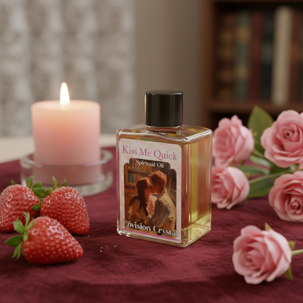 Generate a cinematic lifestyle scene of a delicate, handcrafted 'Kiss Me Quick 4 dram' spiritual oil bottle positioned elegantly on a vintage velvet cloth table, surrounded by romantic props like a lit pink candle, fresh strawberries, and a sprig of pink r