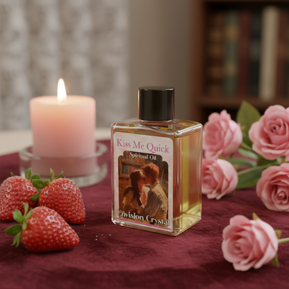 Generate a cinematic lifestyle scene of a delicate, handcrafted 'Kiss Me Quick 4 dram' spiritual oil bottle positioned elegantly on a vintage velvet cloth table, surrounded by romantic props like a lit pink candle, fresh strawberries, and a sprig of pink r