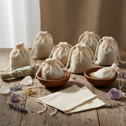 A close-up shot of a set of twelve eco-friendly cotton tea bags, each measuring 3 by 5 inches, arranged artistically on a rustic wooden table with soft, diffused daylight illuminating their natural cotton texture. The bags are depicted mid-use, with delica