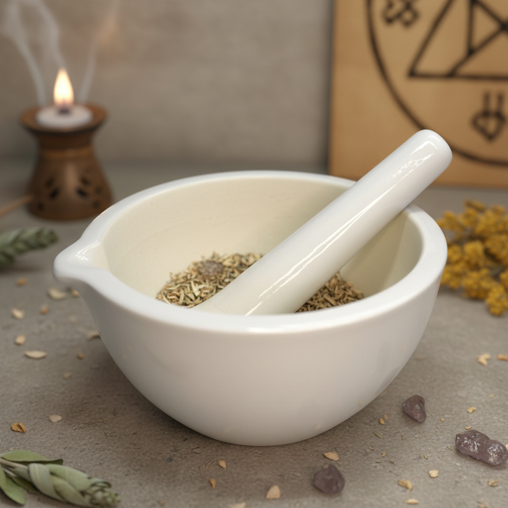 Capture a close-up, high-resolution image of the 7-inch white ceramic mortar and pestle set, expertly lit with a softbox and HDR studio lighting to highlight its smooth, glossy surface and subtle textural details of the ceramic. The mortar is positioned in