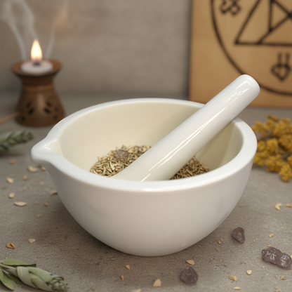 Capture a close-up, high-resolution image of the 7-inch white ceramic mortar and pestle set, expertly lit with a softbox and HDR studio lighting to highlight its smooth, glossy surface and subtle textural details of the ceramic. The mortar is positioned in