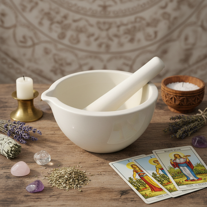 Create a sophisticated, lifestyle-inspired scene featuring the white ceramic mortar and pestle as part of a ritual workspace. The tool is placed on a wooden altar with soft, diffused daylight illuminating it from the side, creating subtle highlights on its