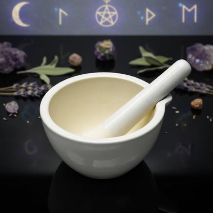 A high-resolution studio shot of a white ceramic mortar and pestle, meticulously positioned on a sleek black reflective surface. The scene is illuminated with HDR studio lighting that highlights the smooth, glossy ceramic texture, showcasing subtle reflect