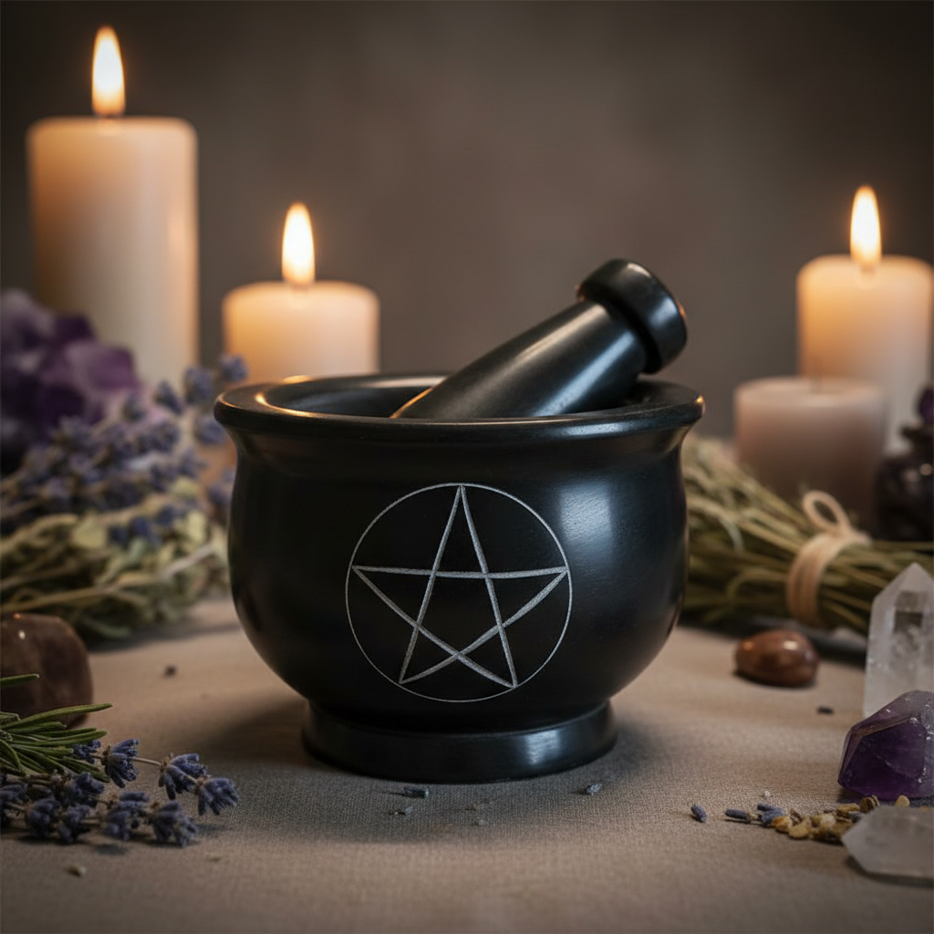 Create a high-resolution, cinematic image of the Pentagram Mortar and Pestle Set, positioned centrally on a mystical altar. Use softbox lighting to highlight the deep black soapstone texture with subtle matte and slight sheen effects, emphasizing the durab