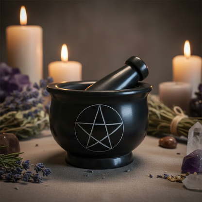 Create a high-resolution, cinematic image of the Pentagram Mortar and Pestle Set, positioned centrally on a mystical altar. Use softbox lighting to highlight the deep black soapstone texture with subtle matte and slight sheen effects, emphasizing the durab