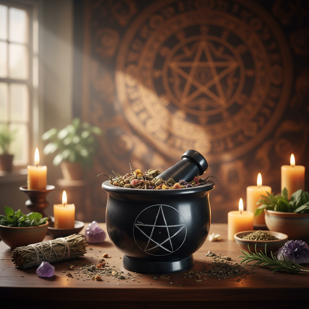 Design a vibrant, lifestyle scene showcasing the Pentagram Mortar and Pestle Set in use during a ritual. Set on a beautifully arranged altar table in a softly lit room with natural diffuse daylight pouring in, creating a warm, inviting glow. Use an HDR stu