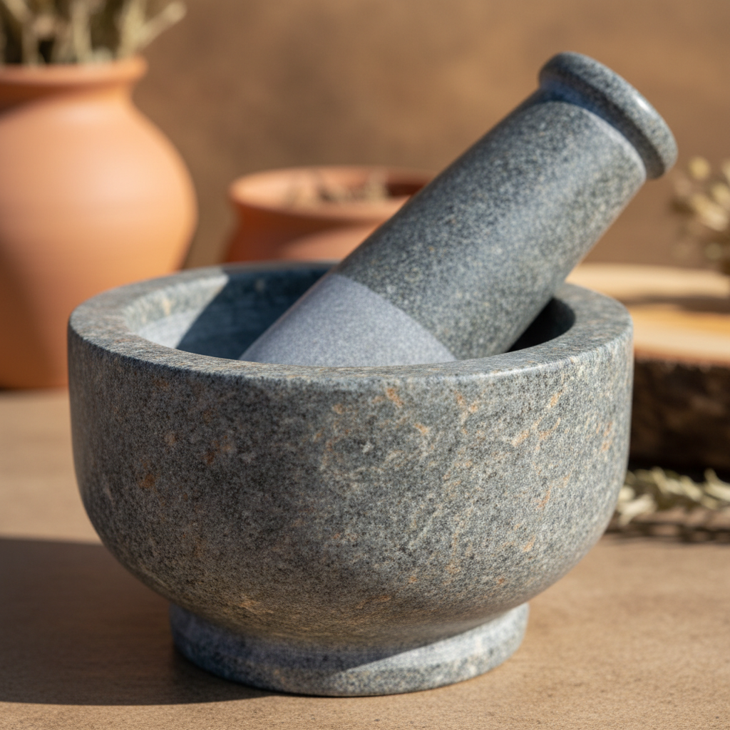 Capture a close-up shot of the soapstone mortar and pestle set, set against a softly blurred natural background with warm, earthy tones. Use HDR studio lighting with diffused daylight to highlight the smooth, matte texture of the soapstone, emphasizing its