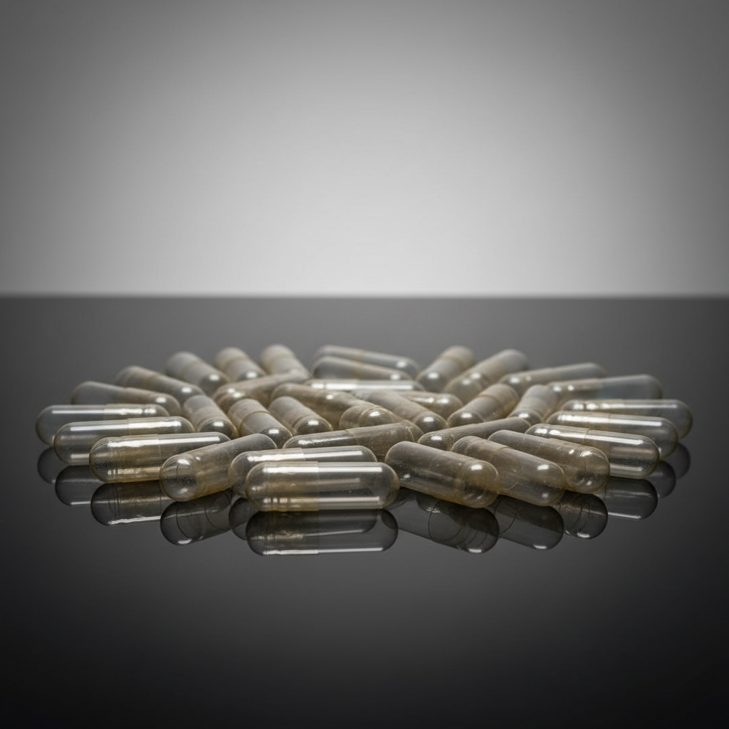 A highly detailed, professional studio photograph of a package of Size 0 Gelatin Capsules, 50 Pack, arranged neatly on a reflective black surface. The scene is illuminated with softbox lighting to create even, gentle highlights that enhance the transparenc