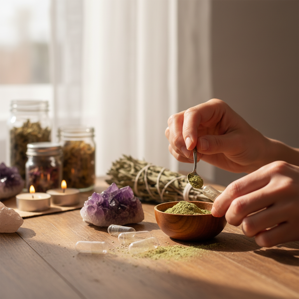 A cinematic lifestyle scene set in a serene, softly lit spiritual workspace. The focus is on a person's hands delicately filling a clear, reusable capsule with finely ground herbal blend. The scene captures the intimate ritual amid ambient natural daylight