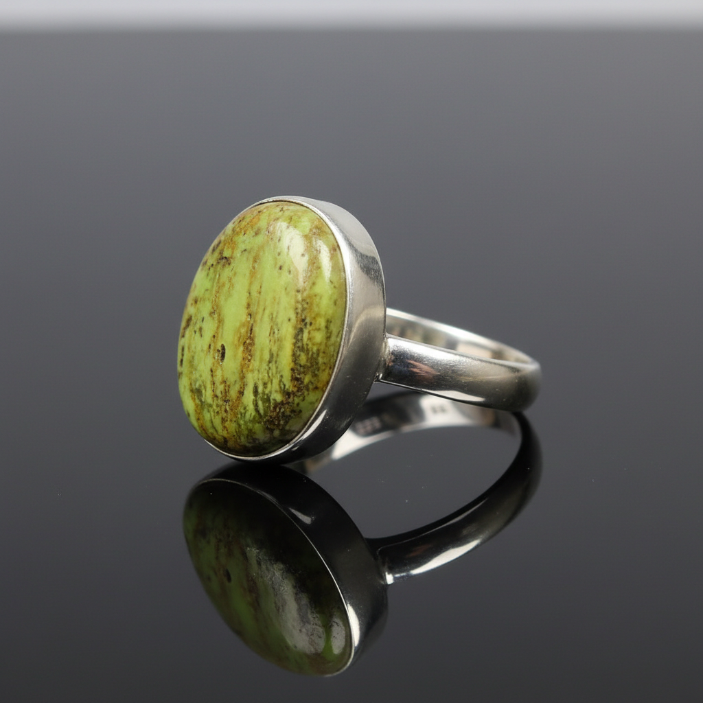 Capture a close-up, high-resolution shot of the size 6 Gaspeite ring, positioned on a sleek, reflective black surface to enhance the gemstone's vibrant hues. Use a softbox lighting setup from the top-left to create gentle, diffused light that accentuates t