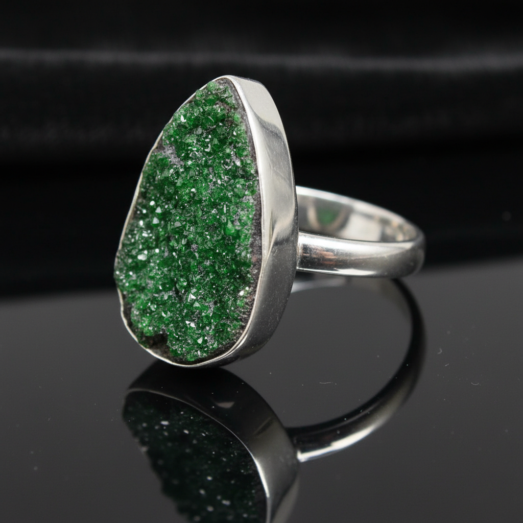 Capture a close-up, highly detailed image of the size 6 Uvarovite ring set against a sleek, dark velvet background to enhance its lustrous green hue. Use a softbox lighting setup to create gentle, diffused light that highlights the finely handcrafted sterl