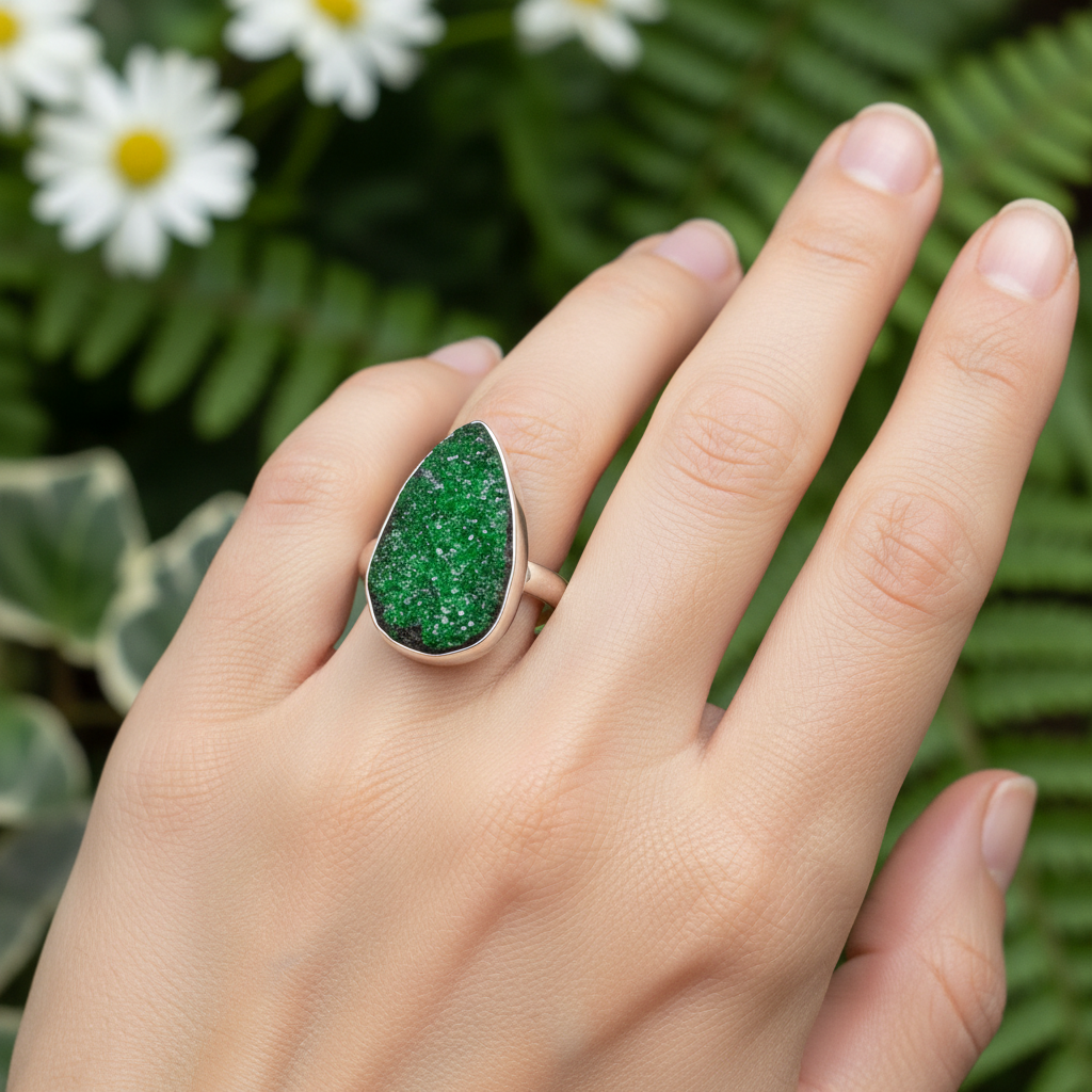 Create an elegant lifestyle scene featuring the size 6 Uvarovite ring worn on a model’s hand, posed gracefully against a softly blurred botanical-themed background to evoke natural beauty and rarity. Use natural diffused daylight to bring out the vibrant g