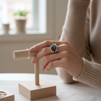 Create a cinematic lifestyle scene featuring the size 12 Labradorite ring worn on a model’s finger, against a softly blurred, warm-toned interior background. Utilize HDR studio lighting to evenly illuminate the scene, accentuating the wild, iridescent flas