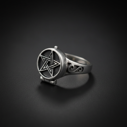 Create a highly detailed, cinematic studio scene focusing on a sterling silver size 8 Pentagram Poison ring. Use softbox lighting to softly highlight the intricate pentagram design, emphasizing its polished metallic texture against a dark, matte background