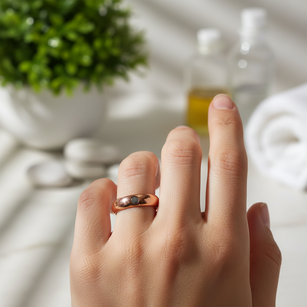 A sophisticated lifestyle setting featuring the copper magnetic size 9 ring beautifully worn on a person's finger, with a soft-focus background of a modern health and wellness environment. The scene is lit with diffused daylight, creating a natural, inviti
