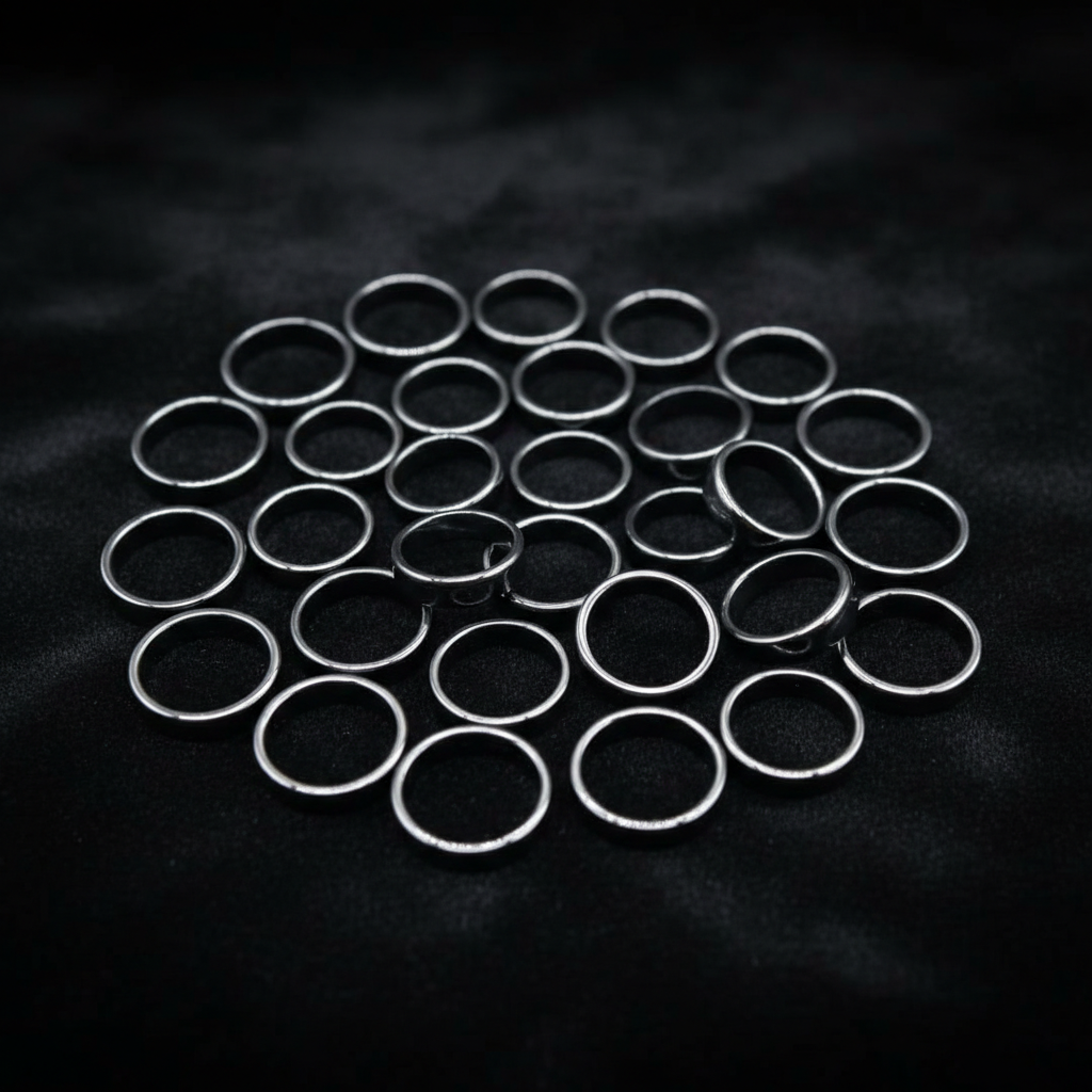 Create a highly detailed, studio-quality image of a set of 50 flat hematite rings displayed on an elegant, dark velvet fabric surface, under softbox lighting that highlights the smooth, matte textures of the stones. The rings are arranged in a circular for