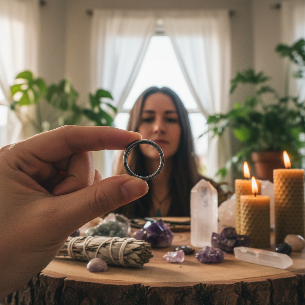 Create a cinematic lifestyle scene featuring a mystical healer’s workspace illuminated by diffused daylight, where a hand gently holds a single flat hematite ring above a natural wood altar adorned with sage, crystals, and candles. The ring's matte surface