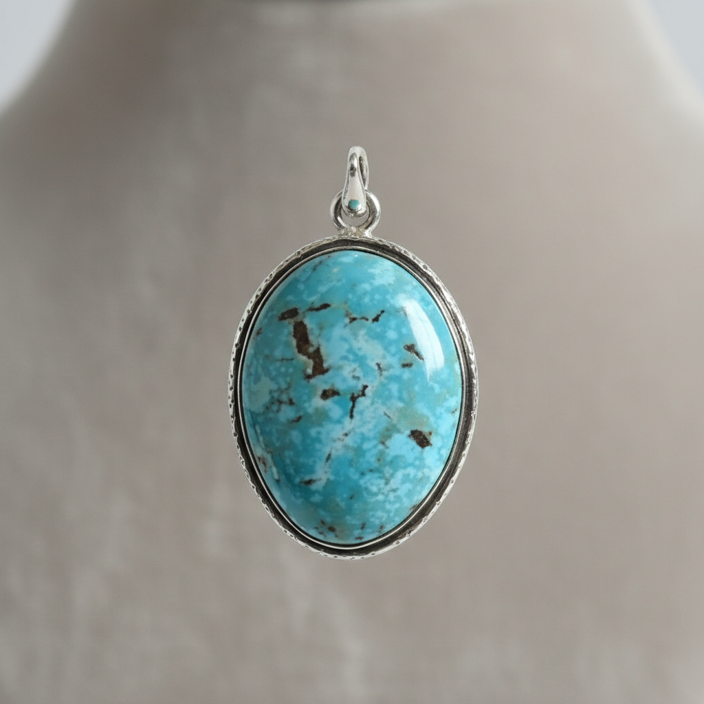 Create a stunning, high-resolution studio shot of a sterling silver turquoise pendant, captured using a macro lens with a 100mm focal length to emphasize intricate craftsmanship and natural gemstone details. The pendant hangs gracefully against a softly bl