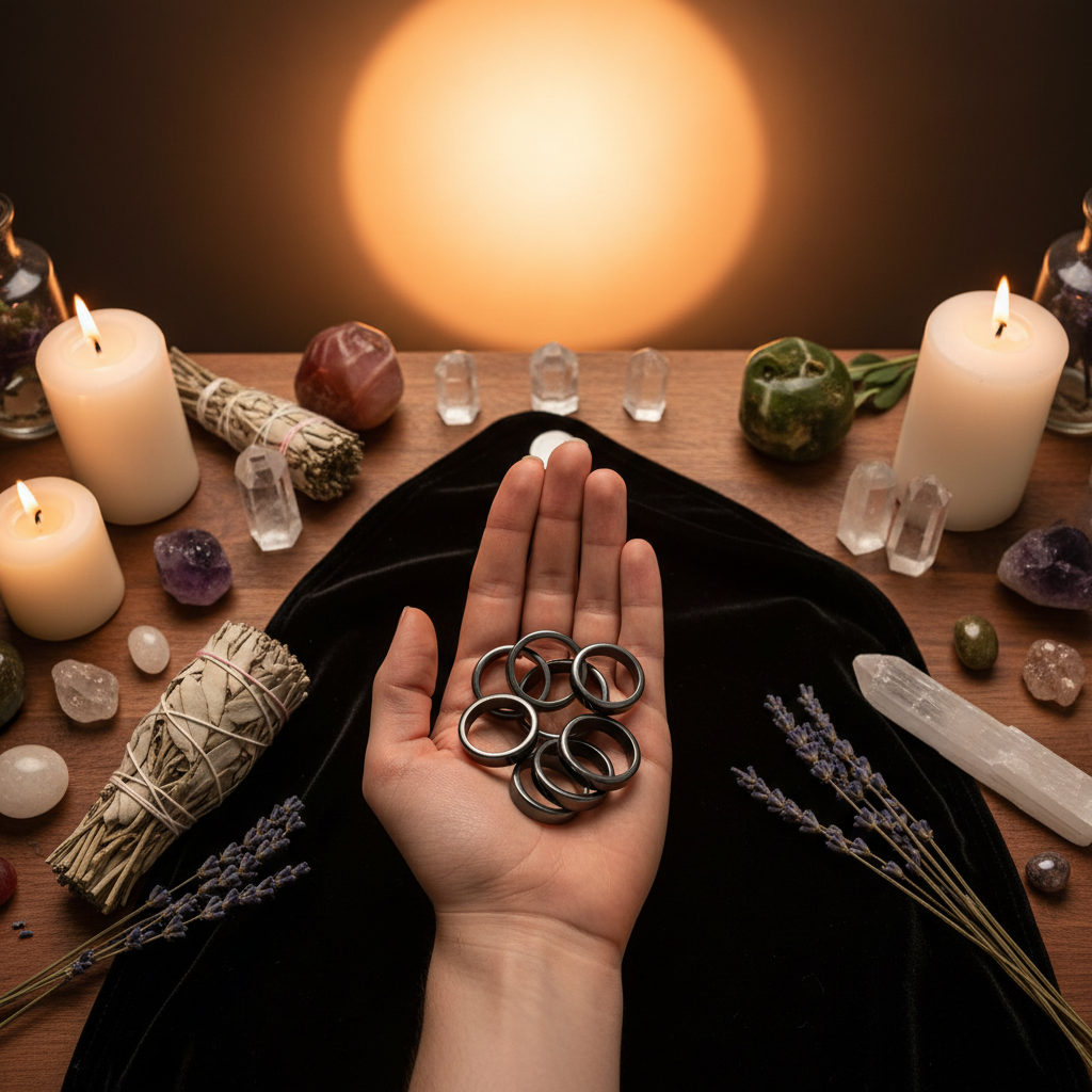 Create a dynamic, lifestyle scene featuring a dedicated metaphysical practitioner's space. The setting includes a wooden altar table adorned with candles, sage bundles, and crystals, with a vibrant, softly-lit background that suggests a calming, sacred spa