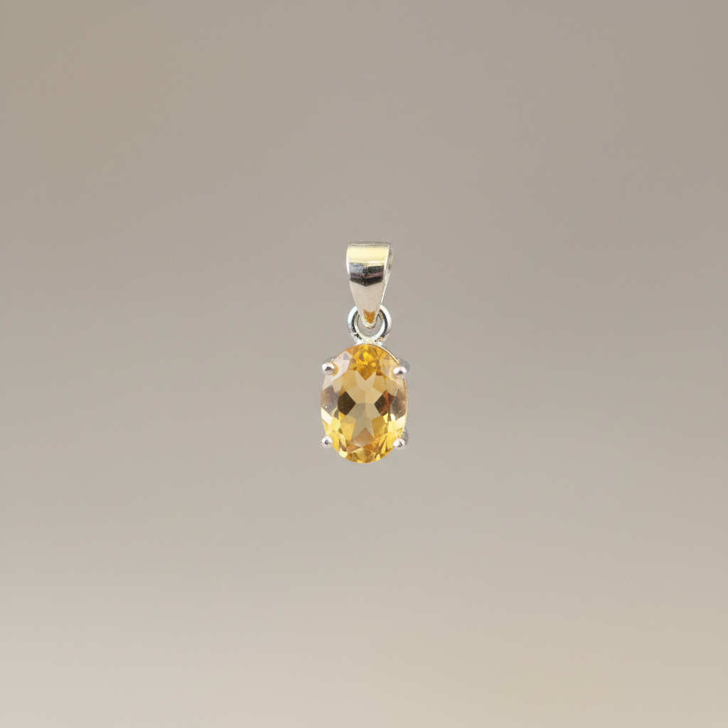 Capture a close-up, macro-style shot of the 'Citrine pendant silver' suspended gently in mid-air, illuminated by a softbox light that accentuates the vibrant, sunny hues and crystalline facets of the Citrine gemstone. Use a shallow depth of field with a 10