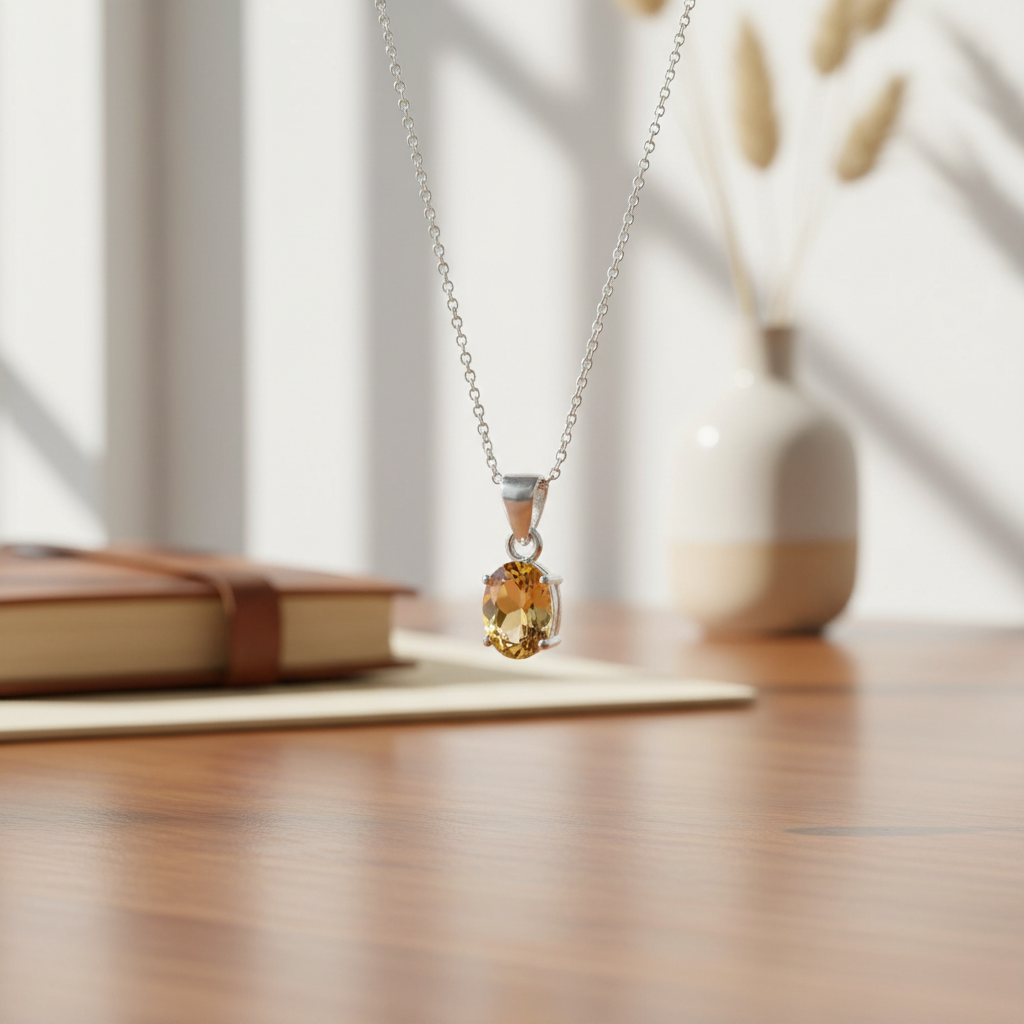 Create a sophisticated, lifestyle scene featuring the Citrine pendant hanging elegantly from a silver chain against a soft, diffused daylight studio setting. Use a 50mm prime lens with HDR studio lighting to bring out the gemstone’s rich, sunlit energy and