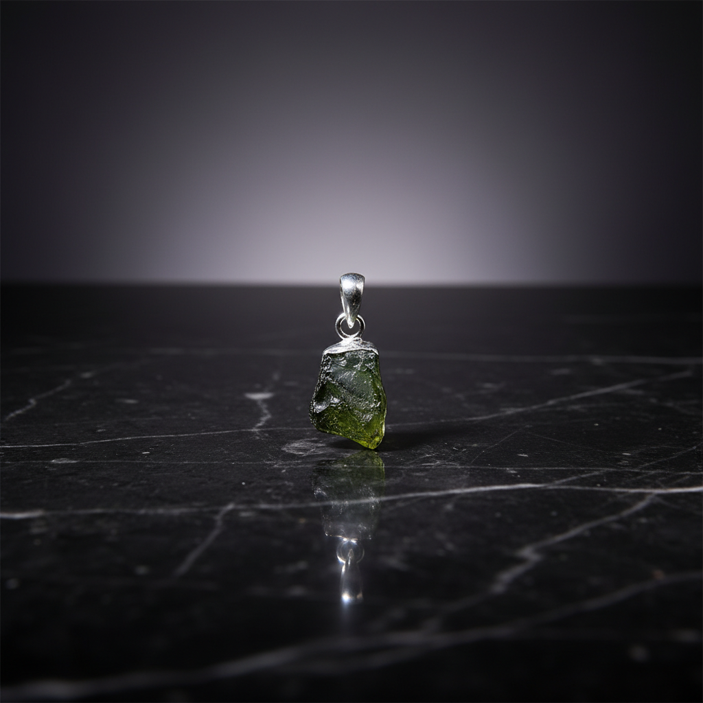 Craft a dramatic, cinematic shot of a Moldavite pendant lying on a polished, dark marble surface, illuminated by HDR studio lighting to bring out the vibrant, organic texture of the stone. The pendant, approximately 0.5 inches in length, is displayed promi