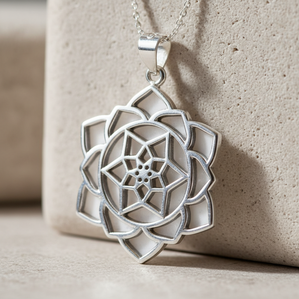 Capture a close-up shot of the Lotus Flower Sterling Silver Pendant hanging gracefully against a soft, textured neutral background. Use diffused daylight studio lighting to highlight the intricate handcrafted details of the sterling silver, emphasizing its