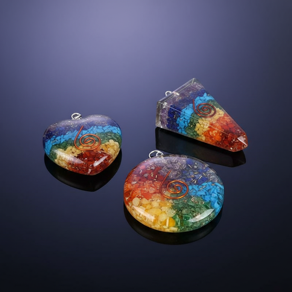 Capture a professional studio shot of the Chakra Orgone Pendants set of three, arranged elegantly on a sleek, reflective black surface. Use softbox lighting to create a gentle, diffused glow that highlights the intricate textures and subtle shimmer of the 