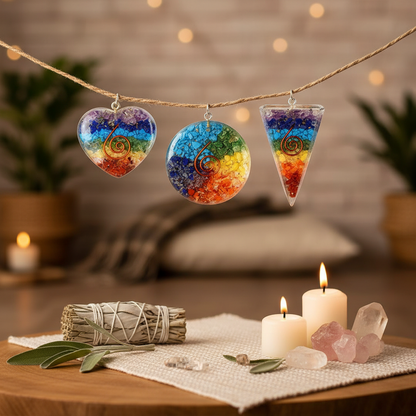 Create a vibrant lifestyle scene featuring the Chakra Orgone Pendants depicted as part of a spiritual ritual setting. Use HDR studio lighting to evenly illuminate the scene, capturing warm, inviting tones that evoke serenity and empowerment. Position the s