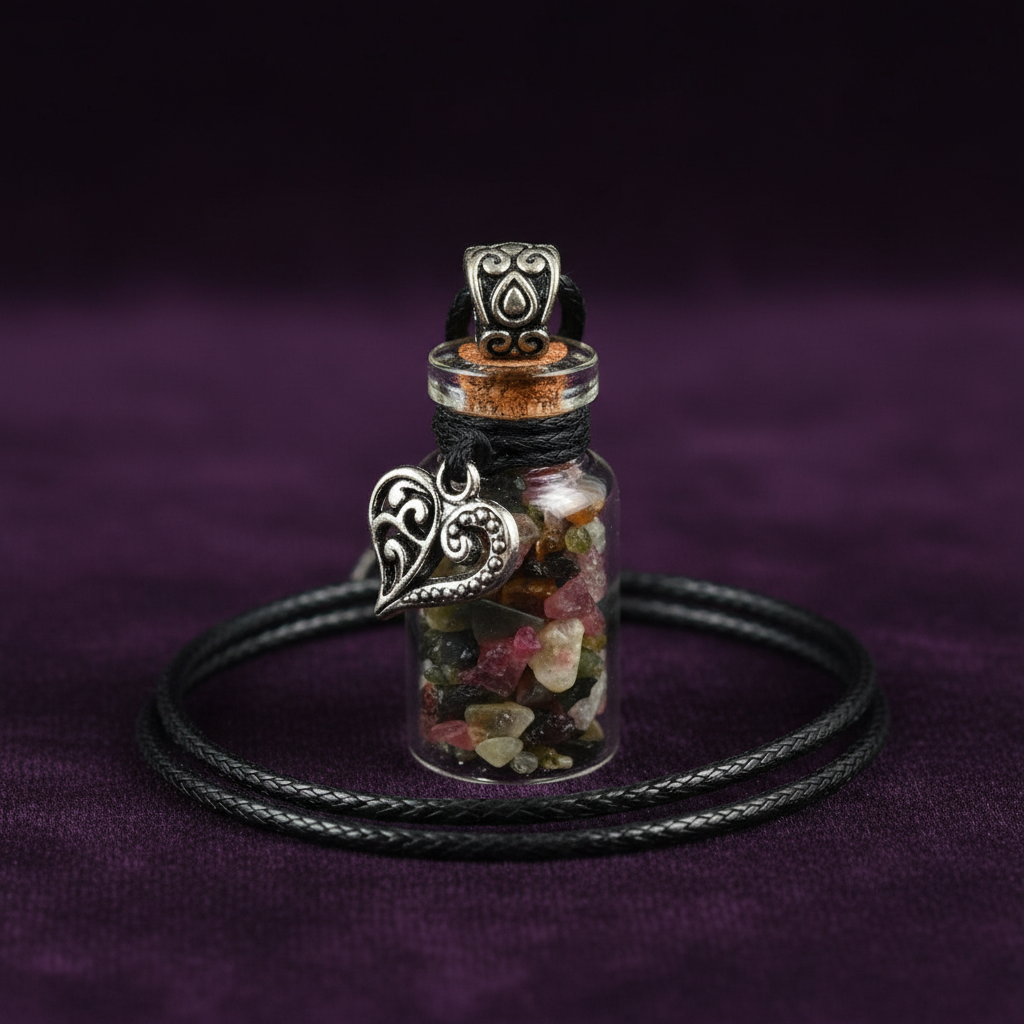 A close-up, highly detailed studio shot of the 'Torrmaline Chips in Bottle with Heart necklace,' positioned upright against a luxurious, dark velvet background to highlight its delicate craftsmanship. The scene is lit with softbox lighting to create a gent