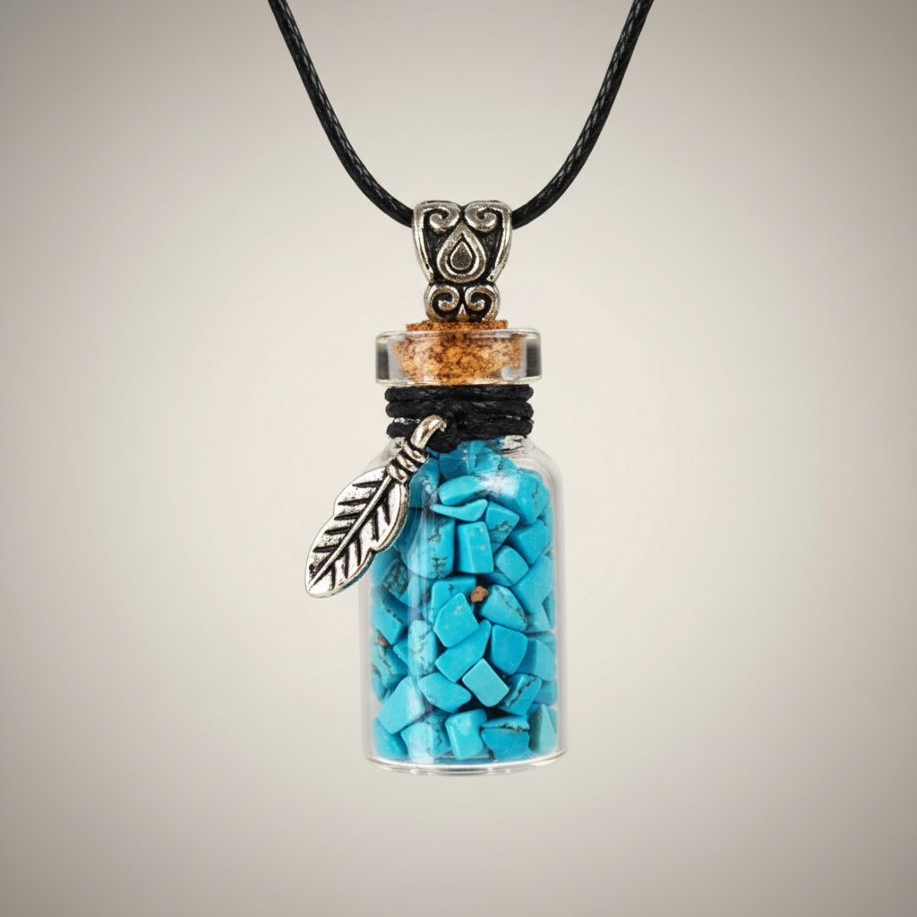 A highly detailed close-up shot of the turquoise chips in the glass vial necklace, illuminated by softbox studio lighting that enhances the translucency and vibrant color of the turquoise stones. The necklace is displayed against a sleek, neutral-colored b