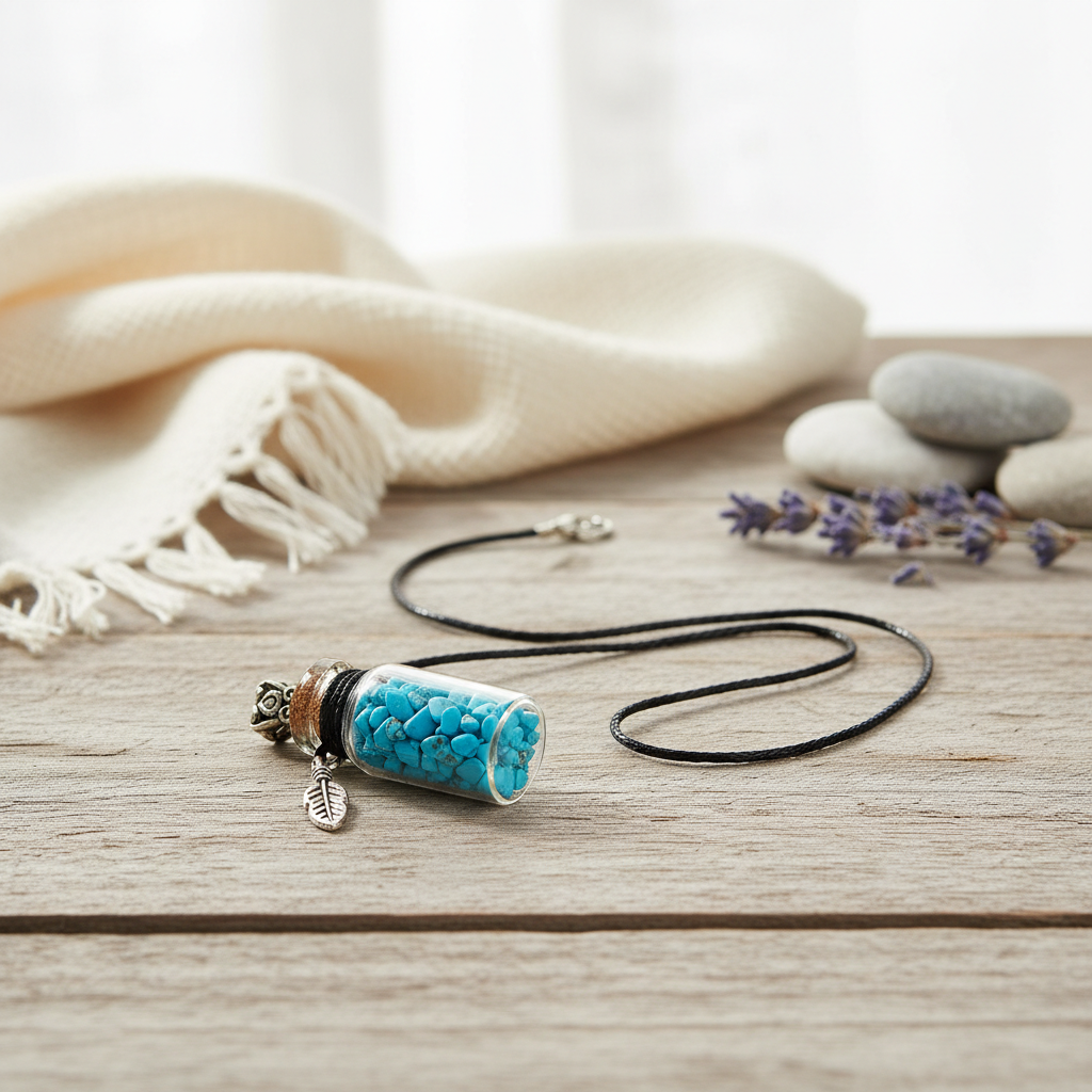 A beautifully styled lifestyle scene featuring the turquoise chips in the bottle necklace draped over a natural wooden surface. The setting is bathed in diffused daylight, creating a gentle, airy mood. The necklace is arranged casually, with the vial and f