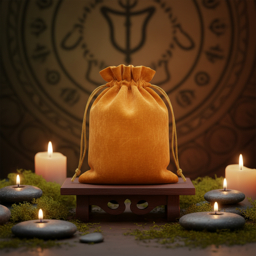 Visualize a serene and mystical setting where the brown velveteen bag is styled as a sacred talisman holder in a ritual space. Place the bag centrally, illuminated by rim lighting to create a subtle halo effect, with ambient, HDR studio lighting casting so