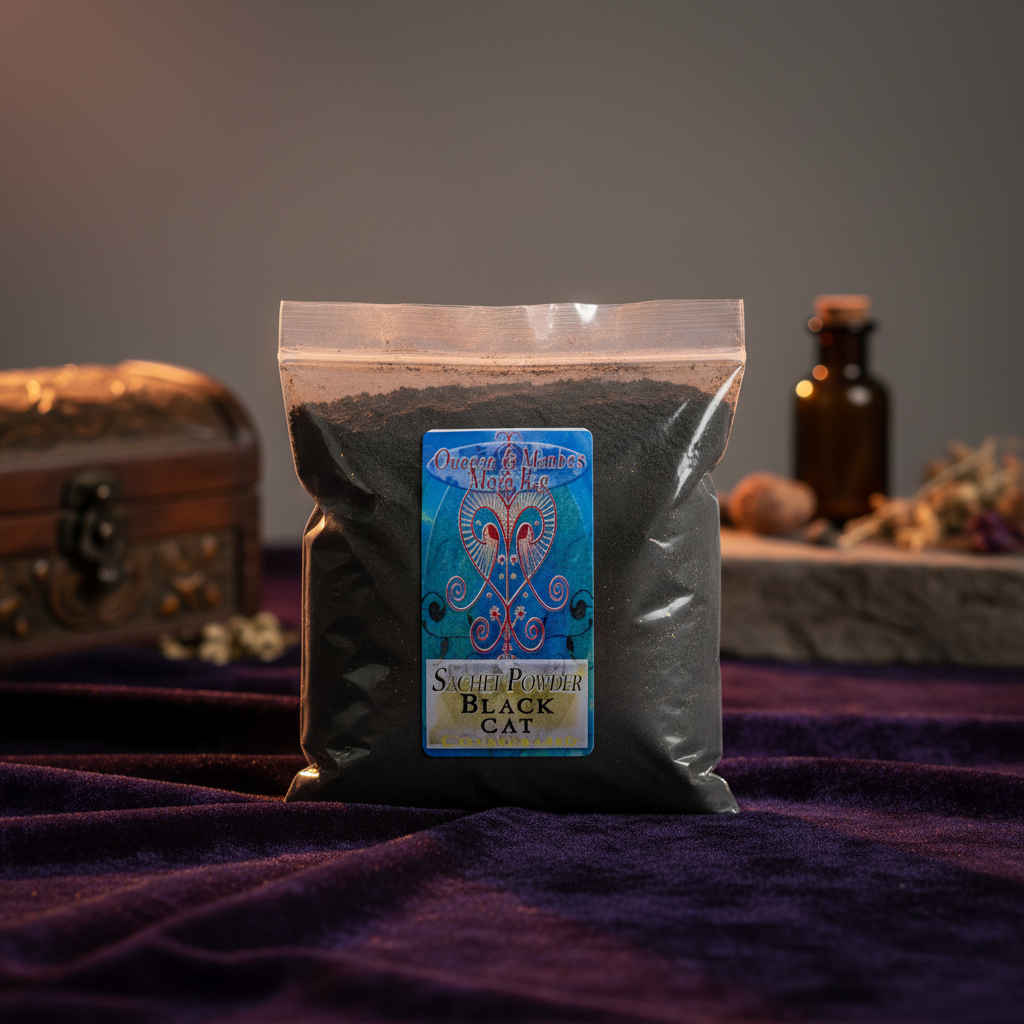 Capture a high-resolution studio shot of the Consecrated Black Cat Sachet Powder, 1 Pound, displayed on a luxurious dark velvet cloth backdrop illuminated by a softbox light to emphasize the fine, powdery texture and deep, mystical black hue. Use a macro l