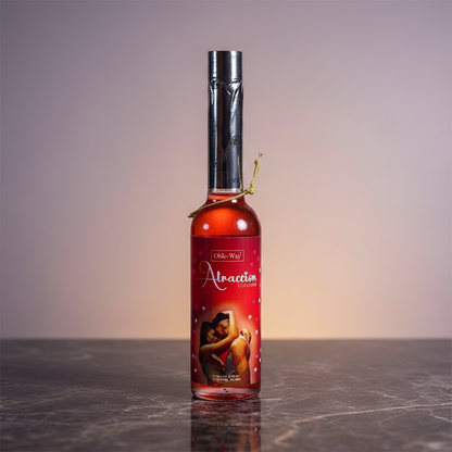 Capture a sophisticated studio shot of the Attraction Cologne in a high-ceiling, softly lit boutique setting. Use HDR studio lighting with a subtle rim light to accentuate the elegant, curved glass bottle, emphasizing its smooth, reflective surface and int