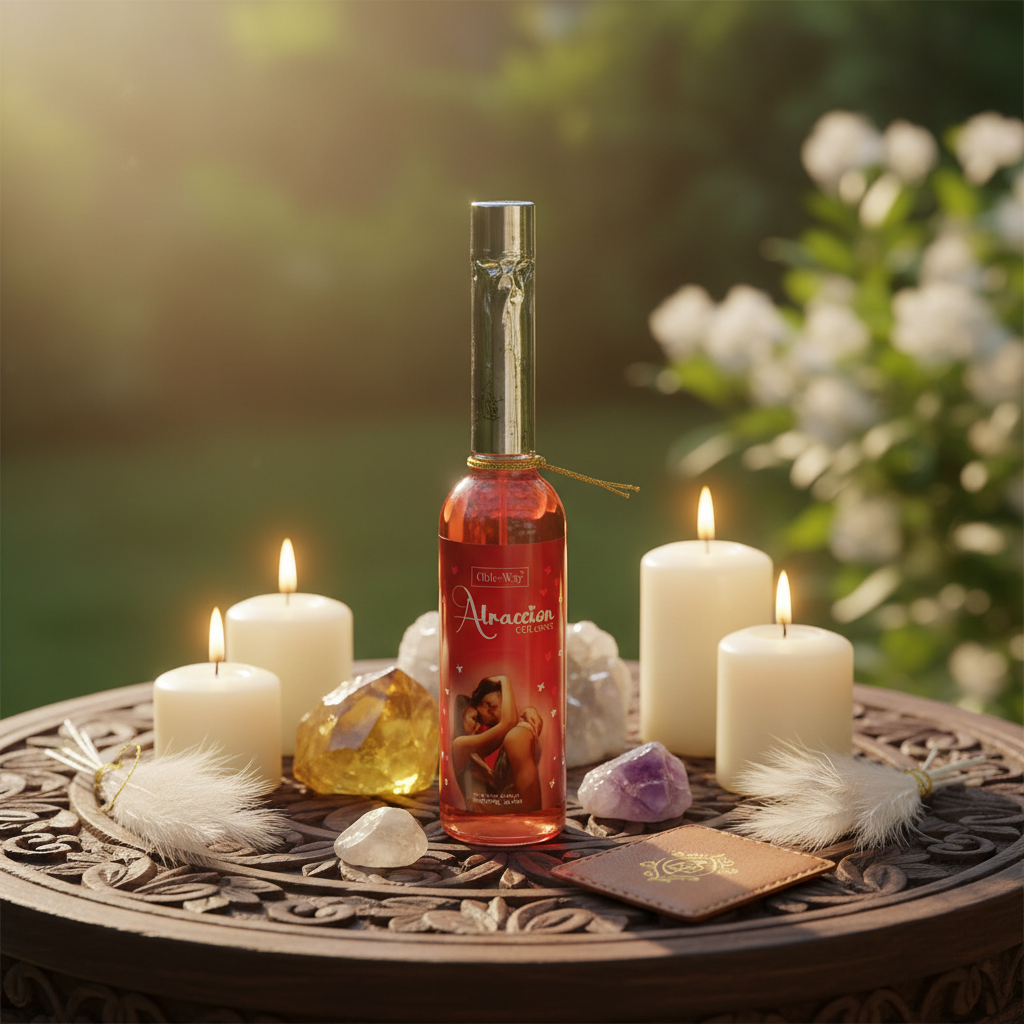 Create an immersive lifestyle scene featuring the Attraction Cologne set in a serene, natural environment during golden hour. The product is placed on an ornate wooden table, surrounded by ritualistic elements like crystals, candles, and feathered adornmen