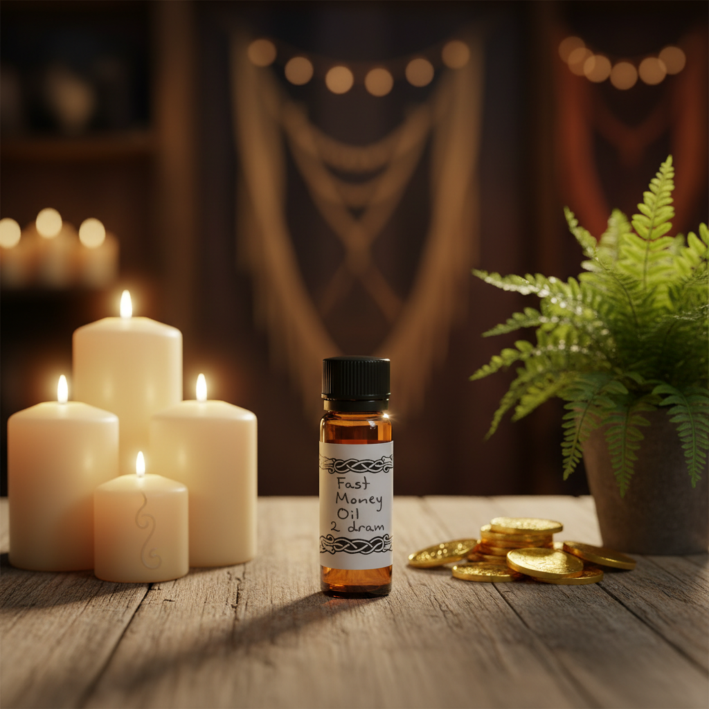 Position the 'Fast Money Oil 2 dram' bottle in a vibrant, elegant lifestyle setting, styled on a rustic wooden table beside ritual accessories such as ritual candles, a small pile of coins, and a lush, green plant. Use a wide-angle shot with a 35mm lens, c