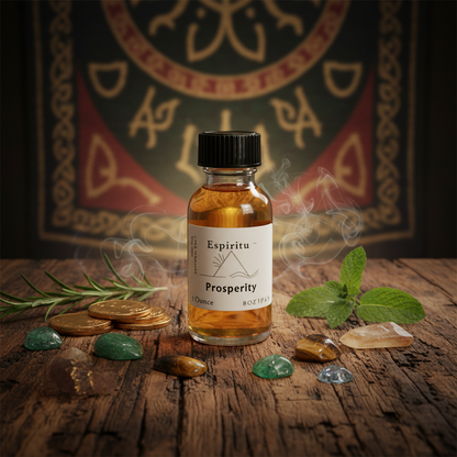A highly detailed product shot of the 'Prosperity Anointing Oil, 1 Ounce,' set in a mystical ritual space illuminated by HDR studio lighting, featuring a close-up of the oil bottle on a richly textured wooden altar. The scene showcases fine details of the 