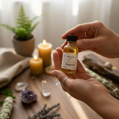 A cinematic lifestyle scene depicting a mystical practitioner in a serene, softly lit environment, holding the 'Prosperity Anointing Oil, 1 Ounce' in their hands. The scene uses diffused daylight with rim lighting to create a halo effect around the hand an