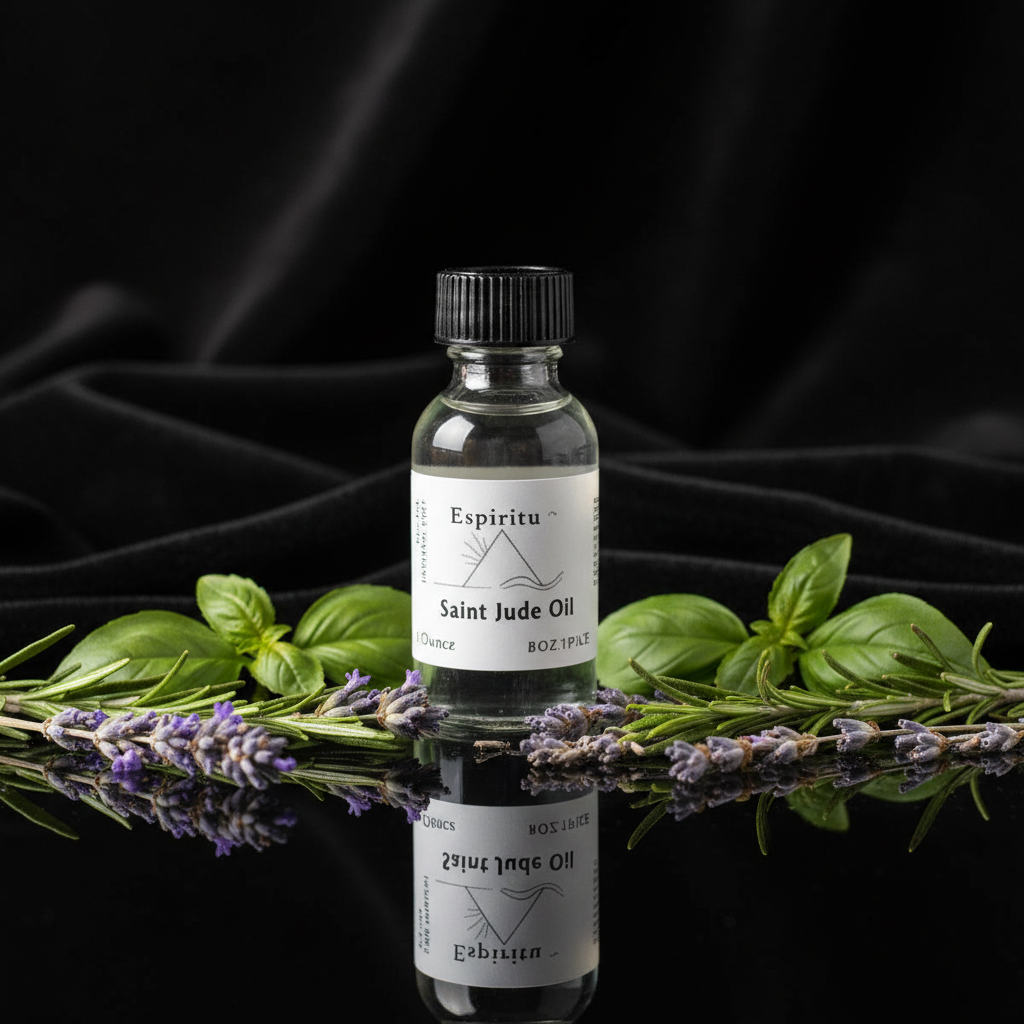 Create a highly detailed, cinematic product image of a 1-fluid ounce bottle of Saint Jude Oil, captured in a professional studio setting using HDR studio lighting with softbox diffusers to emphasize its serene, spiritual essence. The scene features the oil