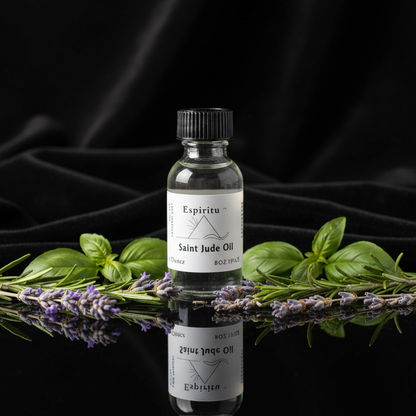 Create a highly detailed, cinematic product image of a 1-fluid ounce bottle of Saint Jude Oil, captured in a professional studio setting using HDR studio lighting with softbox diffusers to emphasize its serene, spiritual essence. The scene features the oil