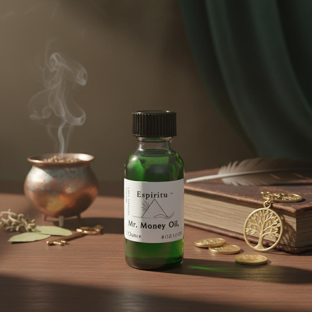 Generate a highly detailed, studio-style image of 'Mr. Money Oil, 1 Fluid Ounce' set against a softly lit, elegant altar scene. Use diffused daylight balanced with rim lighting to highlight the contours of the glass bottle, casting subtle reflections and s