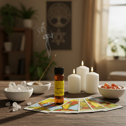 A cinematic lifestyle scene featuring the 'Cinnamon Fragrance Oil, 2 Dram' in an elegant ritual workspace. The narrow depth of field captures the small glass vial placed prominently on a rustic wooden surface, surrounded by ritual paraphernalia—crystal bow