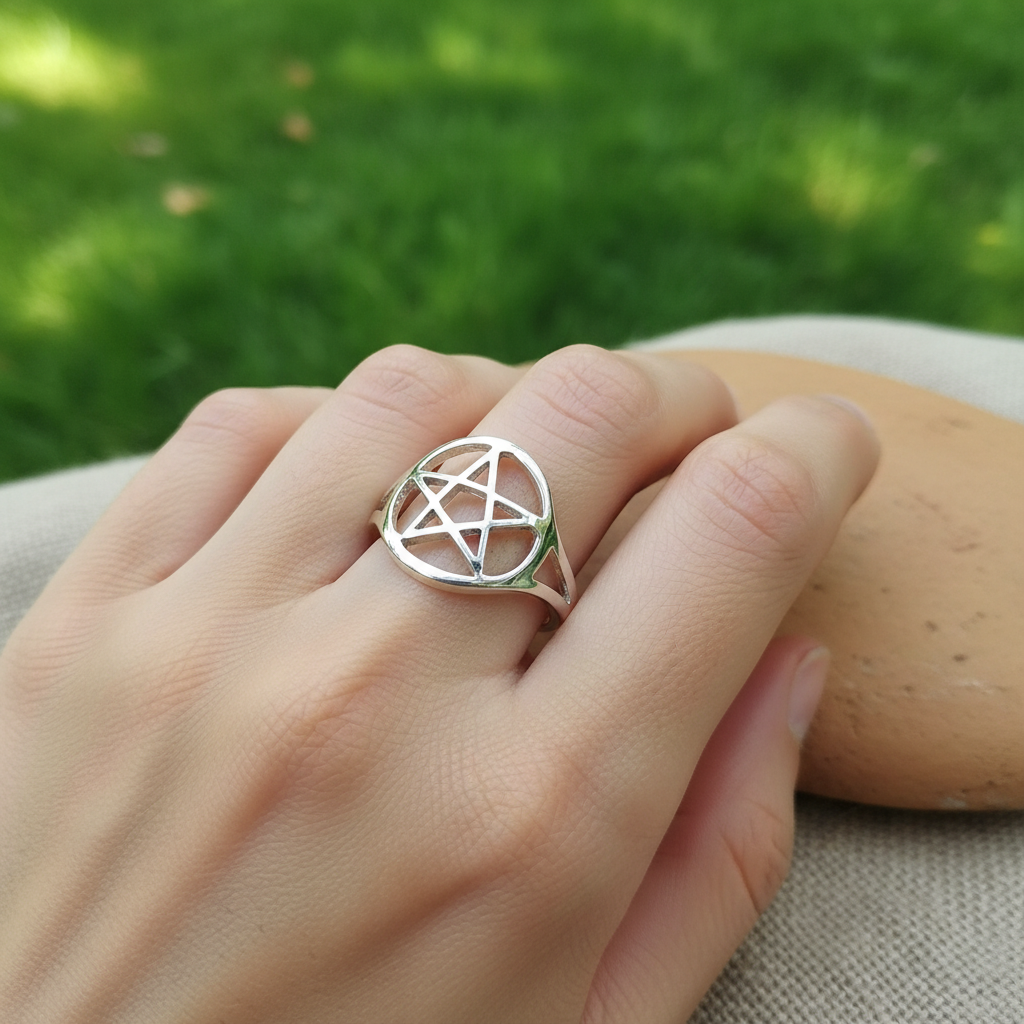 Create a stylish lifestyle scene showcasing the silver plated brass pentagram ring size 9, elegantly worn on a model's finger in a natural outdoor setting, illuminated by diffused daylight for a soft, natural glow. Use a macro lens with a 70mm focal length