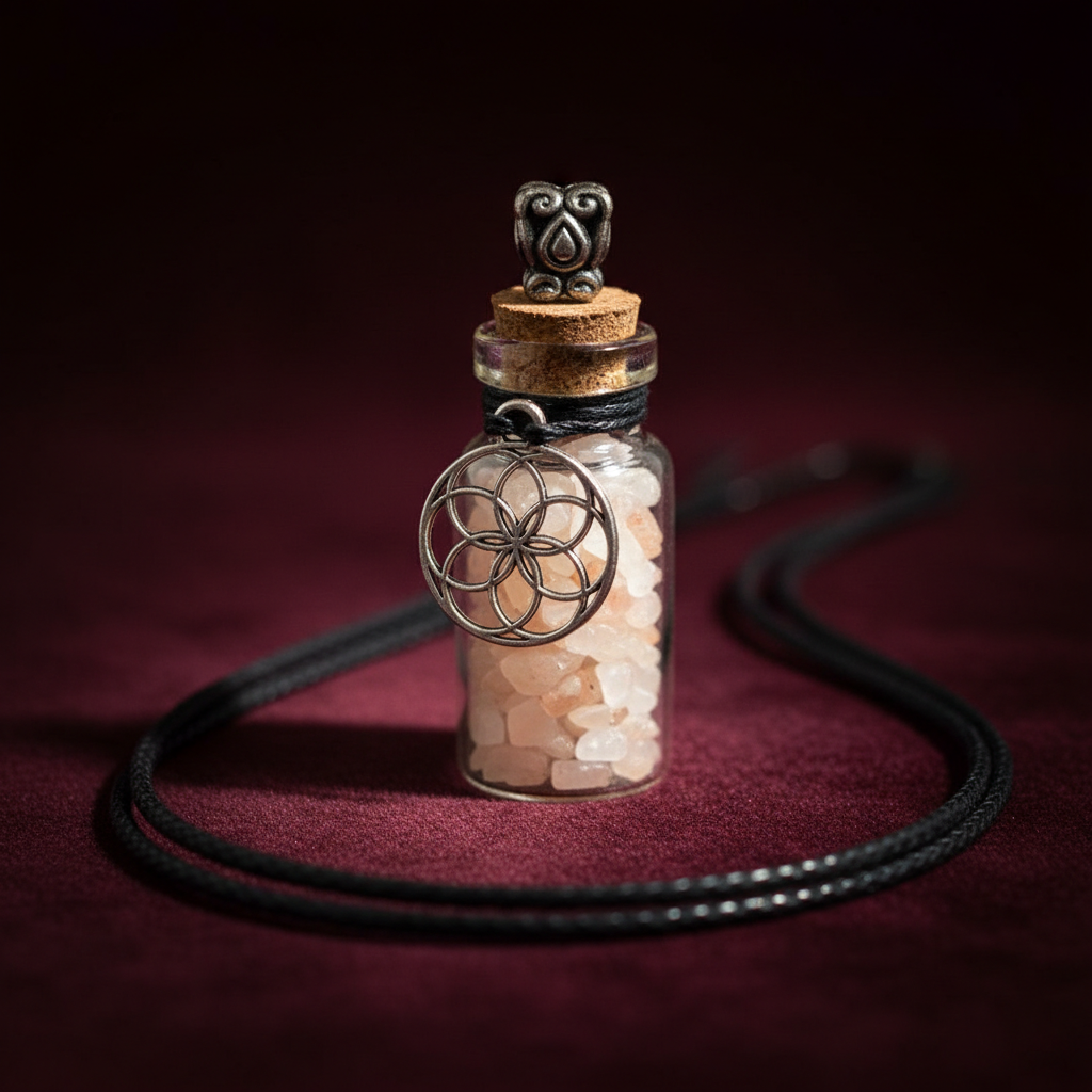 Capture a close-up, high-resolution shot of the Sunstone Chips in Bottle with Seed of Life necklace, set against a softly blurred, luxurious velvet background. Use HDR studio lighting to highlight the warm, shimmering textures of the Sunstone chips within 